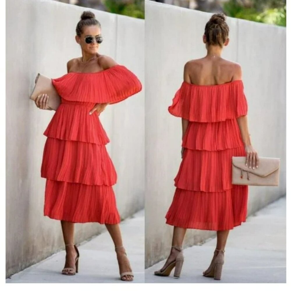 Beulah Off Shoulder Tiered Pleated Midi Dress Sz L